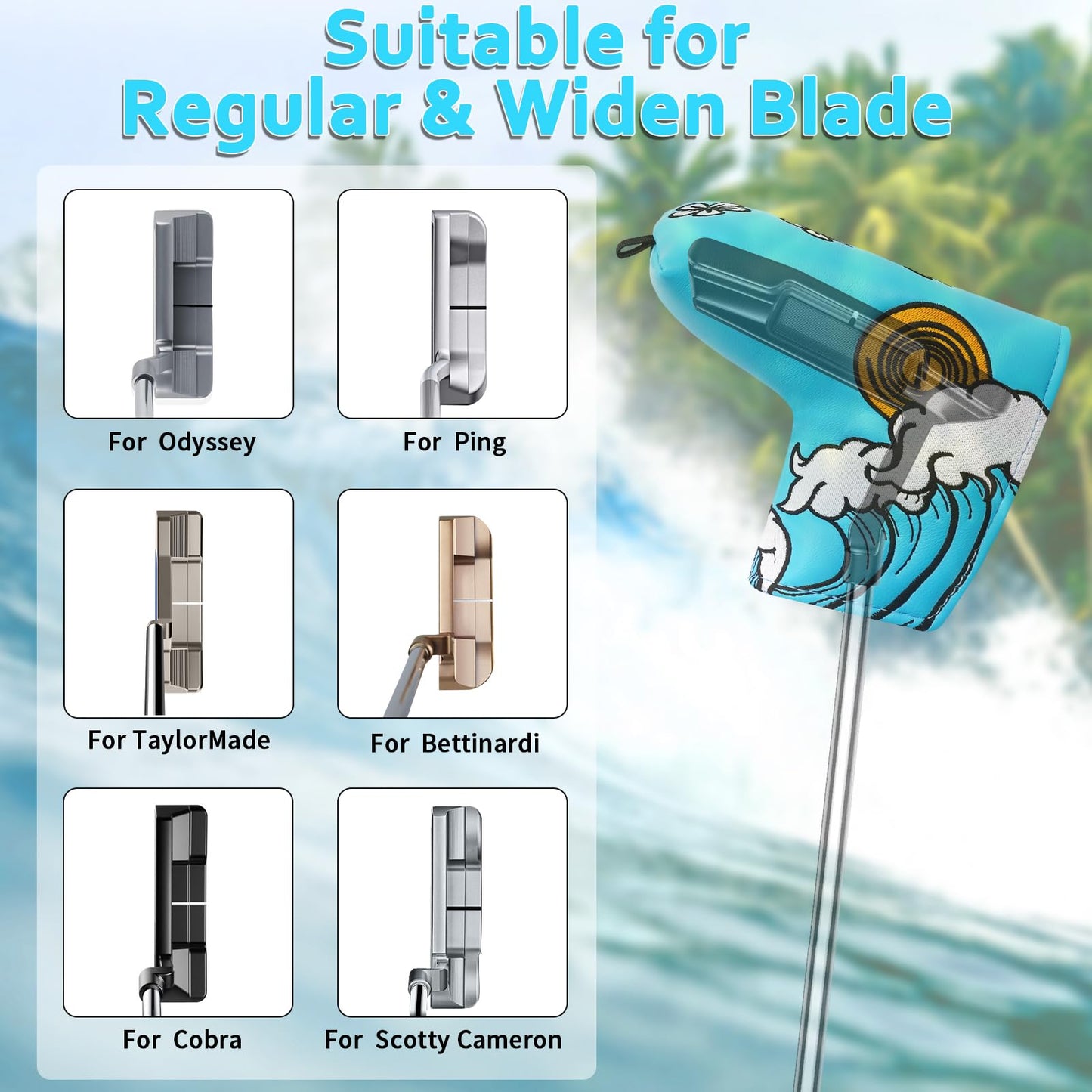 Putter Headcover, Blade Putter Cover Magnetic Blue Sea Wave Golf Putter Head Cover