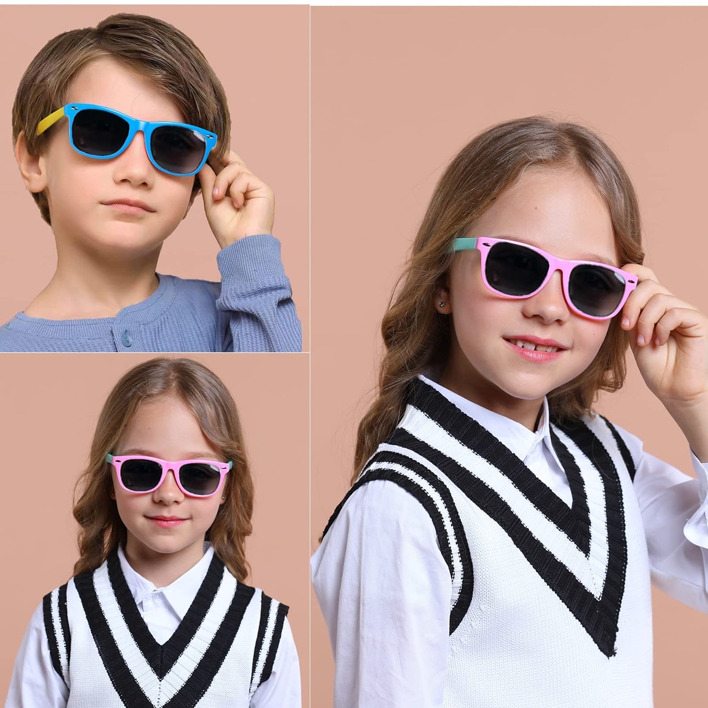 DYLB Kids Polarized Sunglasses for girls boys 3 Pack, Flexible TPEE Rubber Frame for Children Age 3-8. (Black +Pink Green +Blue Yellow)