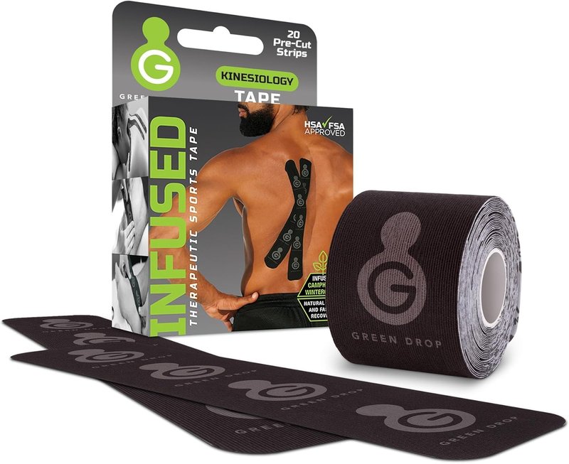 Green Drop Herbal-Infused, Therapeutic Sports Tape – Stretchable, Breathable & Patented Medical Grade Kinesiology Tape for Natural Relief in Muscles, 20 Precut, 10” Strips