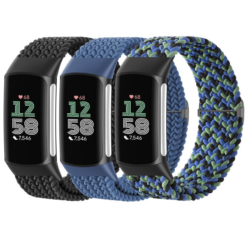 Braided Solo Loop Bands Compatible with Fitbit Charge 6/Charge 5, 3 Pack Adjustable Stretchy Wristbands Soft Woven Nylon Replacement for Fitbit Charge 5/Charge 6 Tracker Smart Watch for Women Men