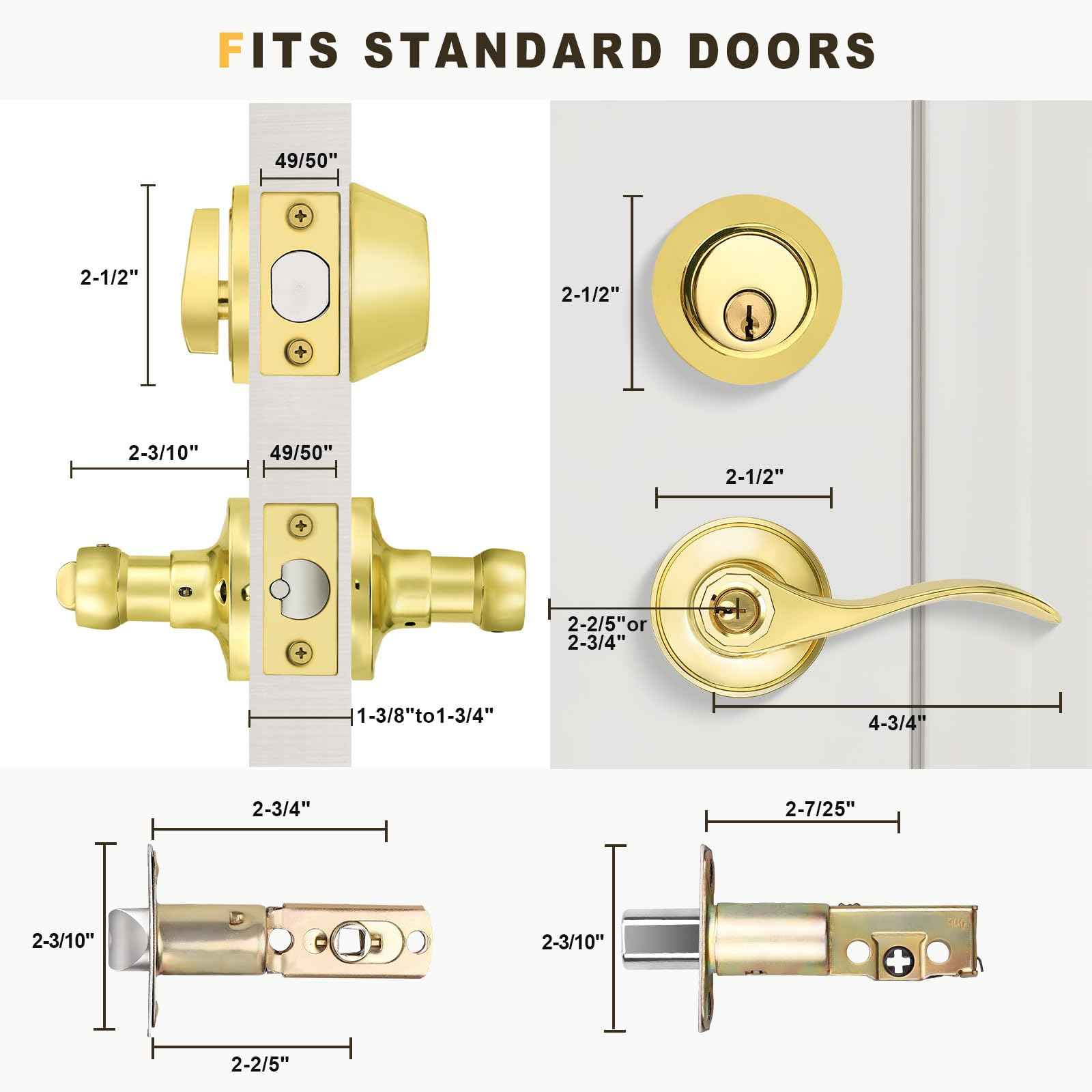 Brotima 3 Pack Keyed Alike Lever Set with Single Cylinder Deadbolt, Reversible Wave Style Polished Brass Lockset, Lever Door Handle with Key and Lock for Bedroom, Front Door