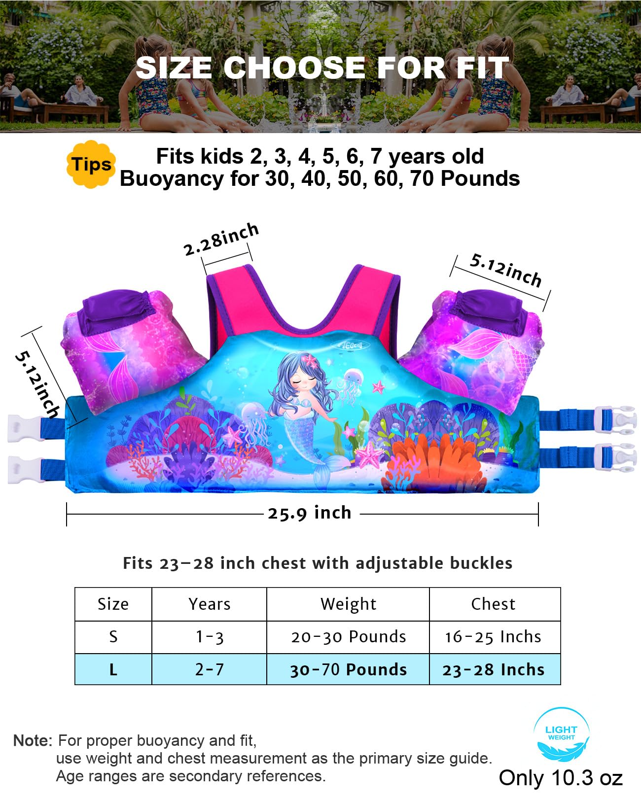 AEOCOO Puddle Float Jumper 30-50-60-70 Pounds, Toddler Swim Vest for 2-3-5-7 Years Old, Pool Floats with Swimming Arm Floaties Swim Jacket for Kids Swimmies, Boys, Girls, Niños, Mermaid