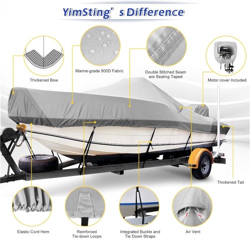 1400D Center Console Boat Cover - Waterproof Marine Canvas with Hurricane Proof System | Fits 17-19ft Gray