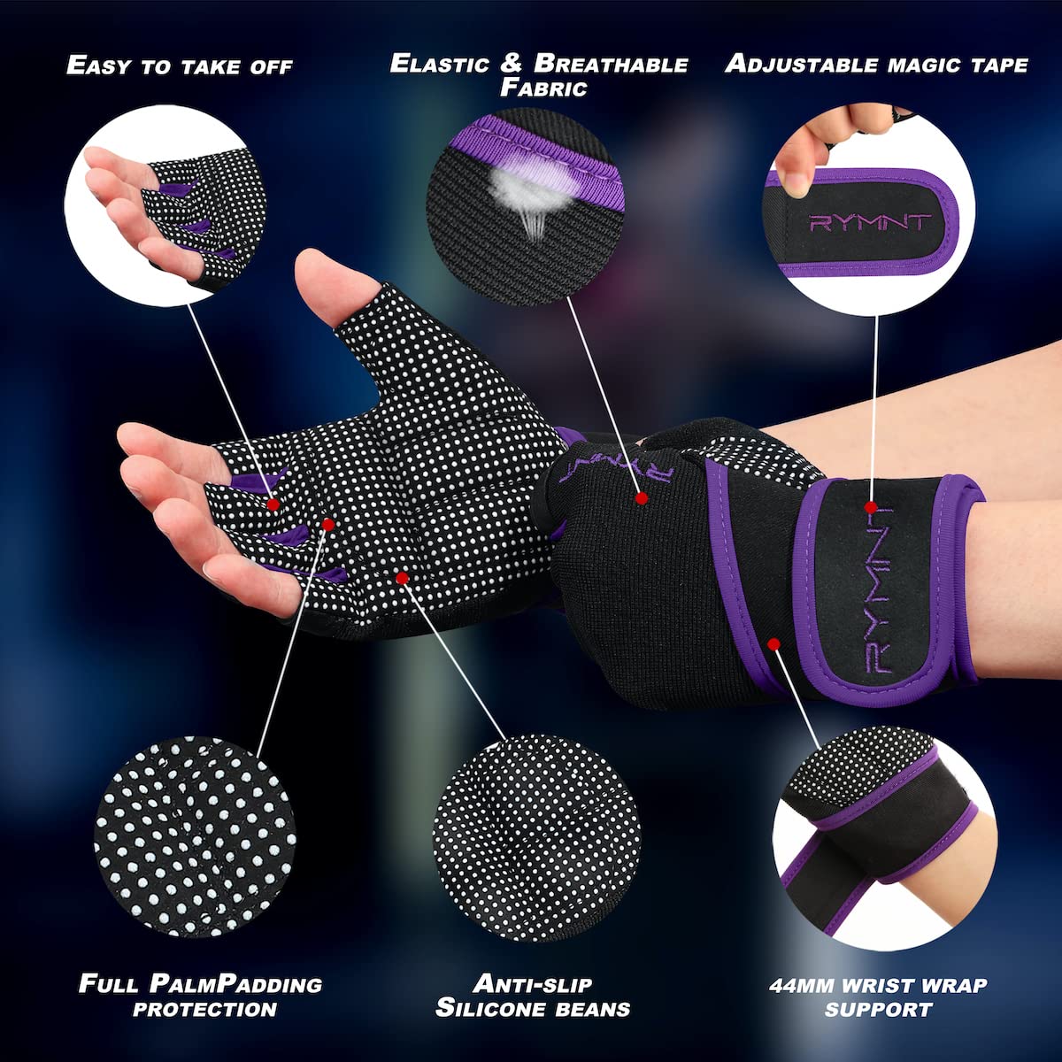 RYMNT Workout Gloves with Wrist Wrap Support, Weight Lifting Gloves with Full Palm Protection & Extra Grip for Men Women Gym Exercise, Fitness, Weightlifting, Pull ups, Power Lifting,Purple-S