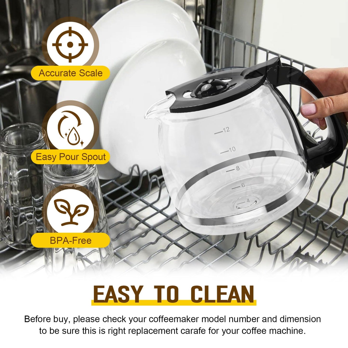 12 Cup Coffee Machine Glass Carafe Replacement for Mr. Coffee - With Heads Three Different Heights, Universal Carafe Coffee Maker Pot Accessory Easy Pour Spout and Comfortable Grip Handle,Black