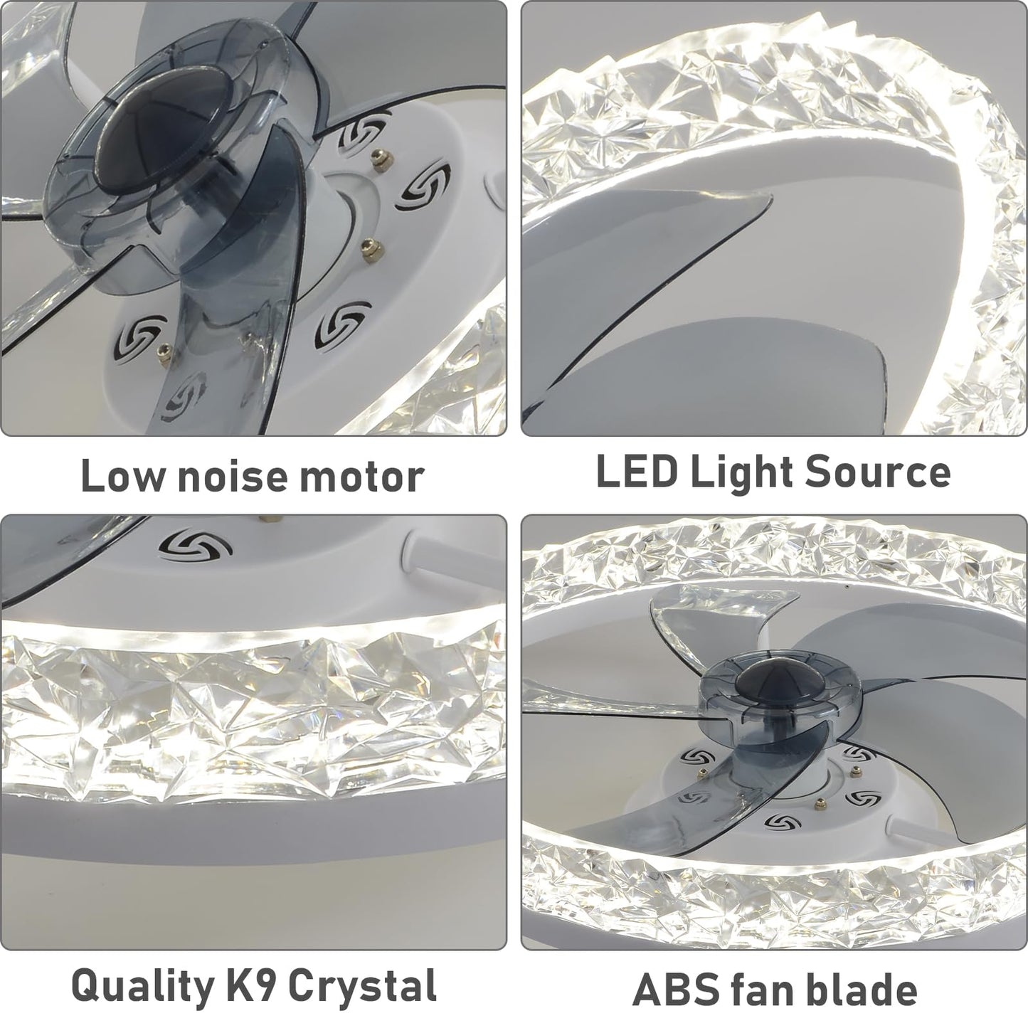 FRIXCHUR 19.7" Crystal Chandelier Fan Modern Flush Mount Ceiling Fan with Lights Dimmable Low Profile Ceiling Fans 6 Speeds 3 Color Fandeliers for Bedroom Living Room Kitchen (White)