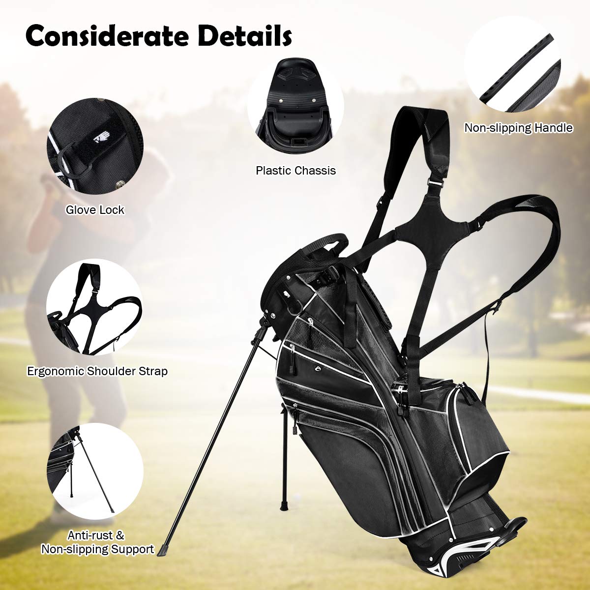 Renatone Golf Stand Bag, Lightweight Organized Golf Bag w/ 6 Way Dividers, 7 Pockets & Padded Dual Straps, Easy to Carry Golf Club Bag for Men & Woman (Black)