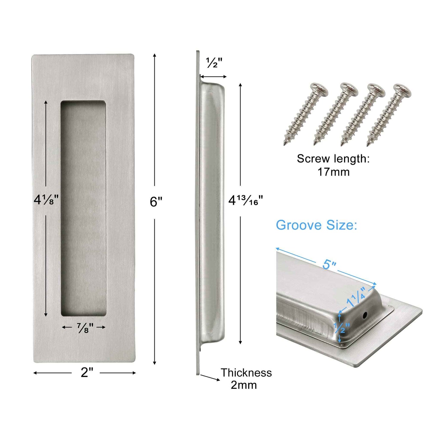 Malimali Pocket Door Pull and Edge Set, Stainless Steel Hardware Recessed Handle, Sliding Door Finger Flush Pull (Brushed Steel, 3 Pack)