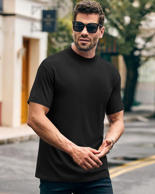 Wihion Mens Ribbed Mock Turtleneck T-Shirt Short Sleeve Solid T Shirts Thermal Underwear Tops Black