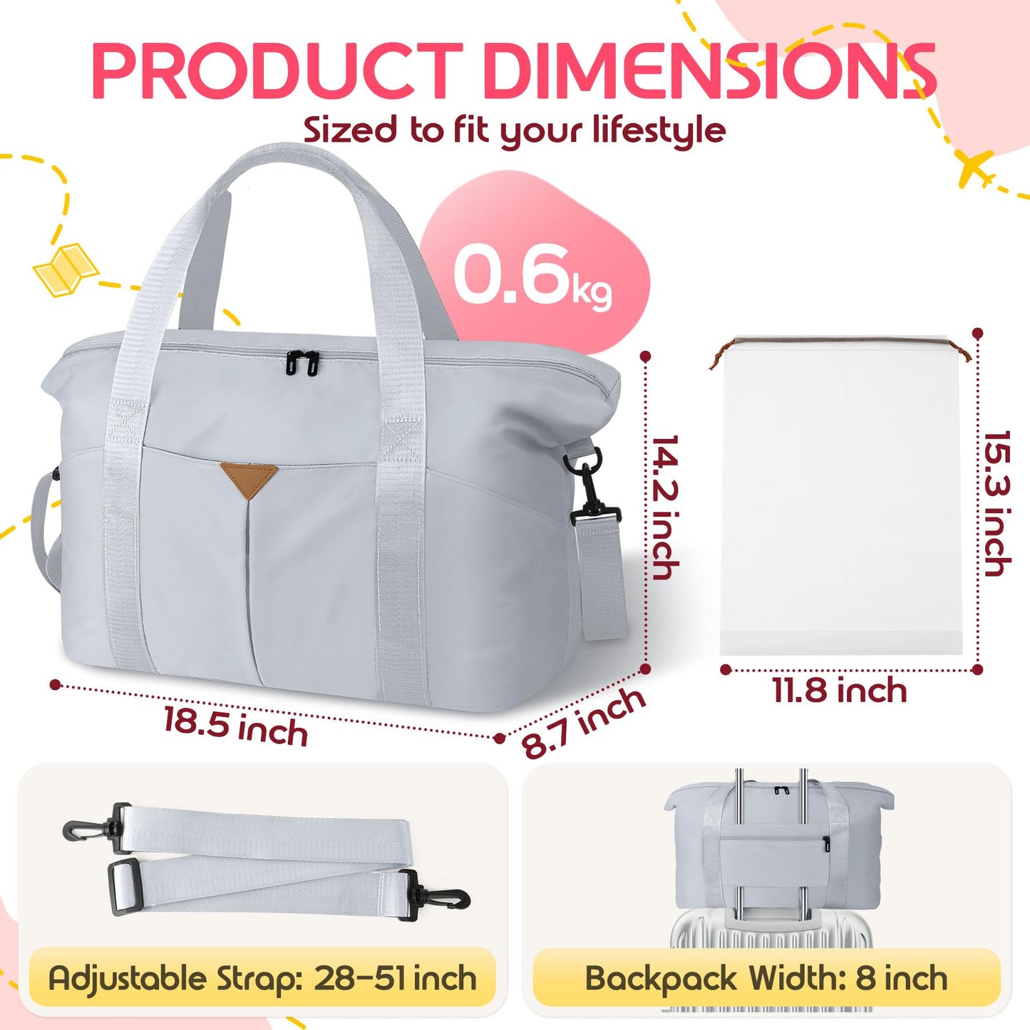 Magimack Duffle Bag for Travel, Carry-on Travel Bag with Trolley Sleeve, Sport Gym Bag for Women, Overnight Bag for Men, Hospital Bag for Labor and Delivery (Grey)