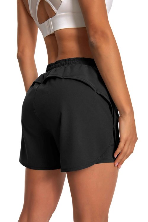 Hooxum Womens Running Athletic Shorts - Workout Gym High Waisted 2 in 1 Quick Dry Shorts with Mesh Liner Zipper Pockets,Black-L