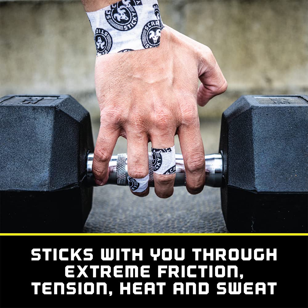 Scary Sticky Premium Athletic Tape, Ultra-Sticky Thumb, Finger & Wrist Tape for Weightlifting, Hook Grip & Cross Workout, Cotton, Latex-Free, 10 Yards, Black/Yellow, 2 Rolls