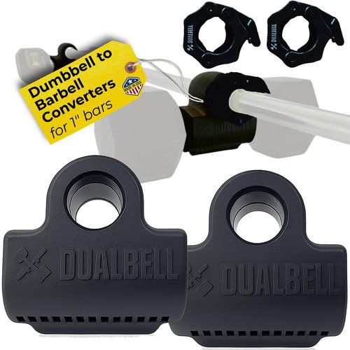 DUALBELL Dumbbell Barbell Converters- Pair Black w/black weight collars for 1", 25mm bar- Connect Dumbbells to 1" standard diameter bar, barbell adapters to replace weight plates- 250lb capacity