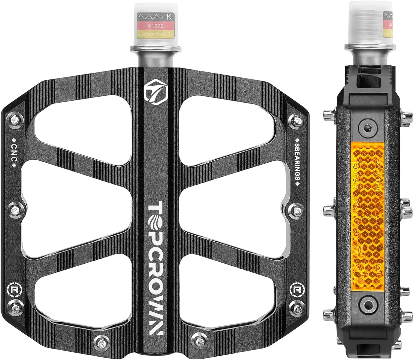 Topcrown Mountain Bike Pedals - Aluminum Flat Pedals with Reflectors & Non-Slip Design | 9/16" Size, 3 Sealed Bearings