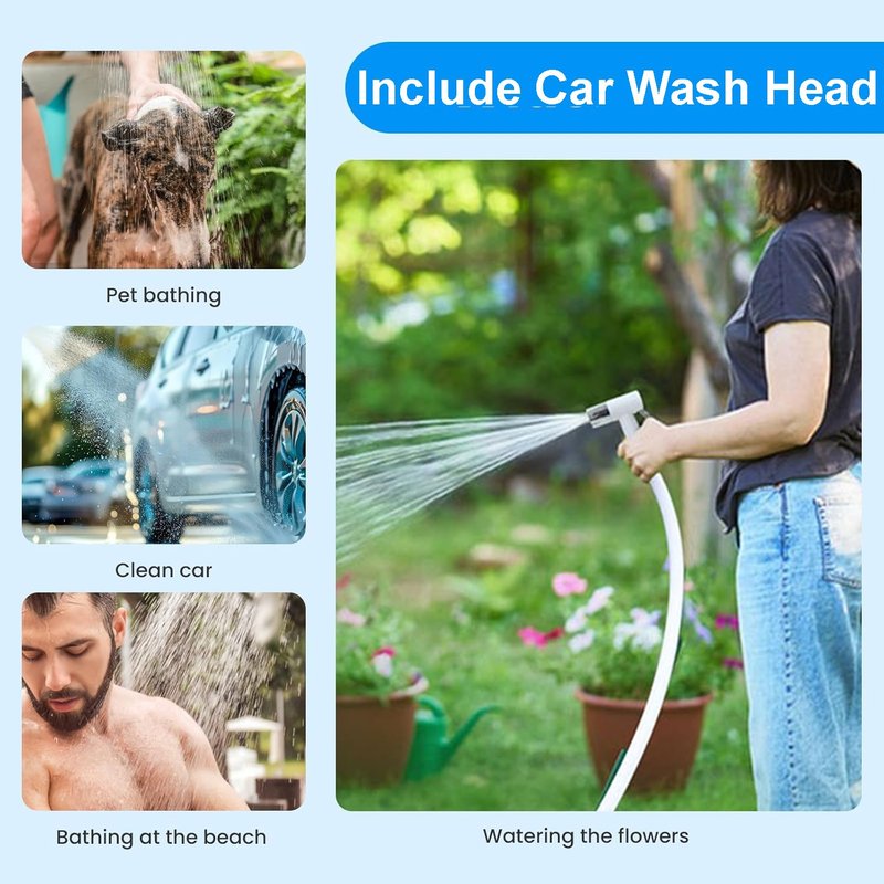 Portable Camping Shower Pump, Rechargeable Outdoor Shower Head Sprayer, Pumps Water from Bucket. For Camping, Hiking, Travel, Pet Cleaning, Car Washing