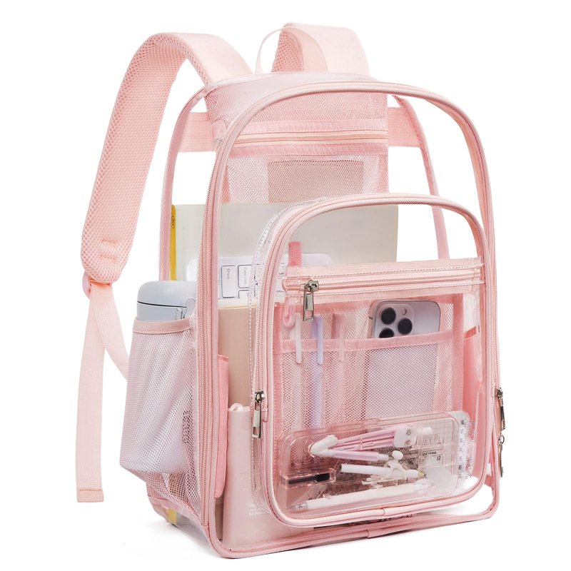 Telena Clear Backpack with Multi-pockets, Heavy Duty TPU Transparent Bag with Reinforced Straps, Large See Through Bookbag for College, Work - Pink