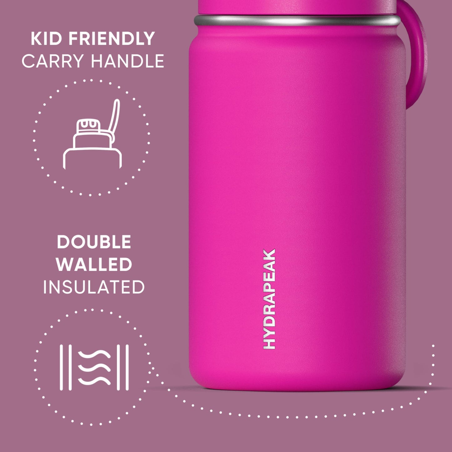 Hydrapeak Mini 14oz Water Bottle with Straw Lid, Insulated Water Bottle, Water Bottle Stainless Steel, Water Bottles (Fuchsia)