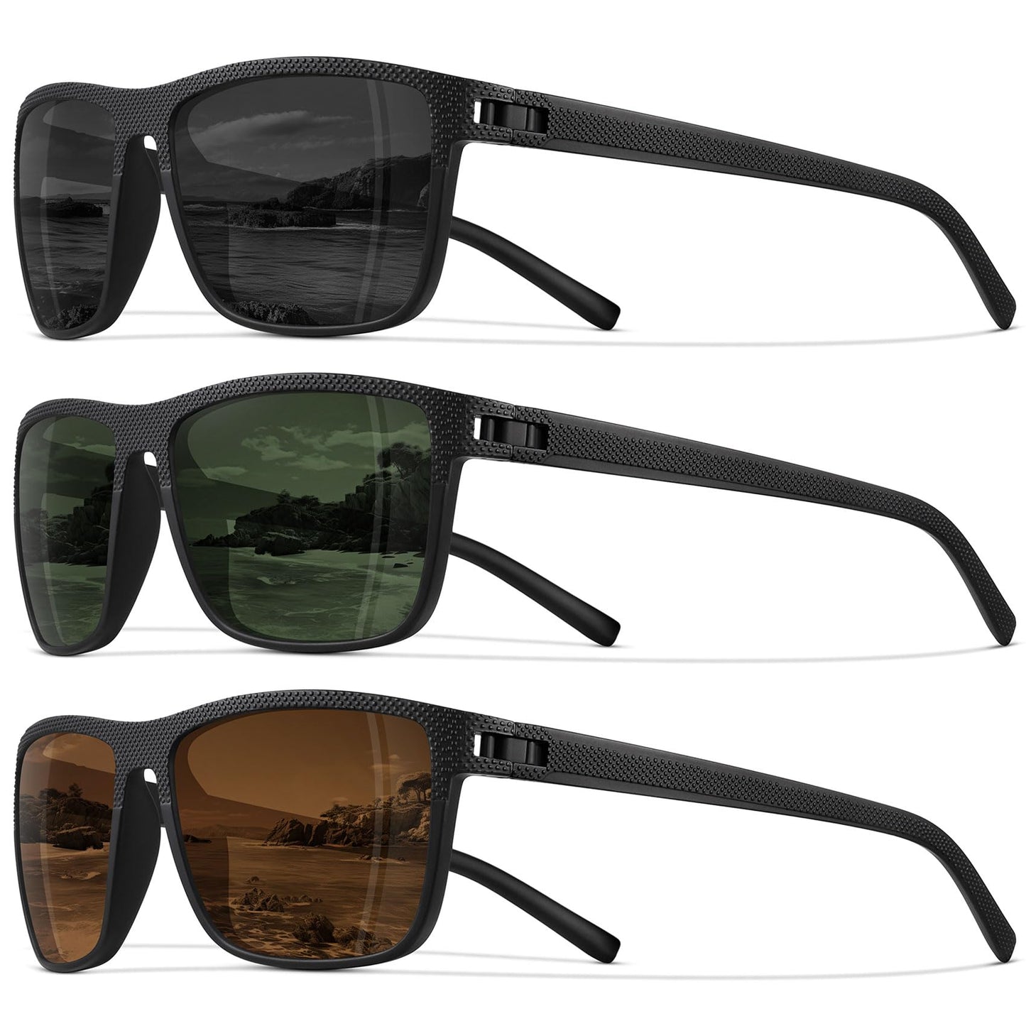 STORYCOAST Polarized Sunglasses for Men Women Classic Square Sports Fishing Running Golf Sun Glasses UV Protection 3Pack-Black+Brown+Dark Green