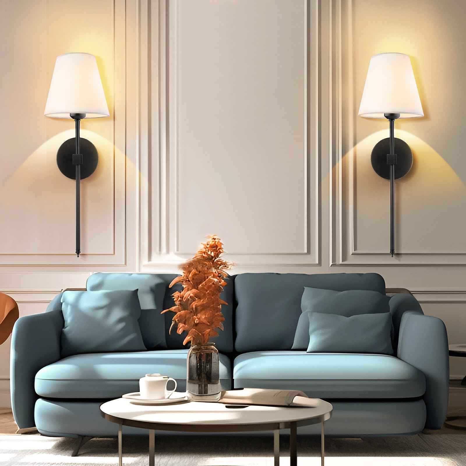 Wall Sconces Sets of 2, Retro Industrial Wall Lamps, Vanity Sconces Wall Lighting with White Fabric Shades, Wall Lights Suitable for Bathroom Bedroom Living Room Kitchen(Black)