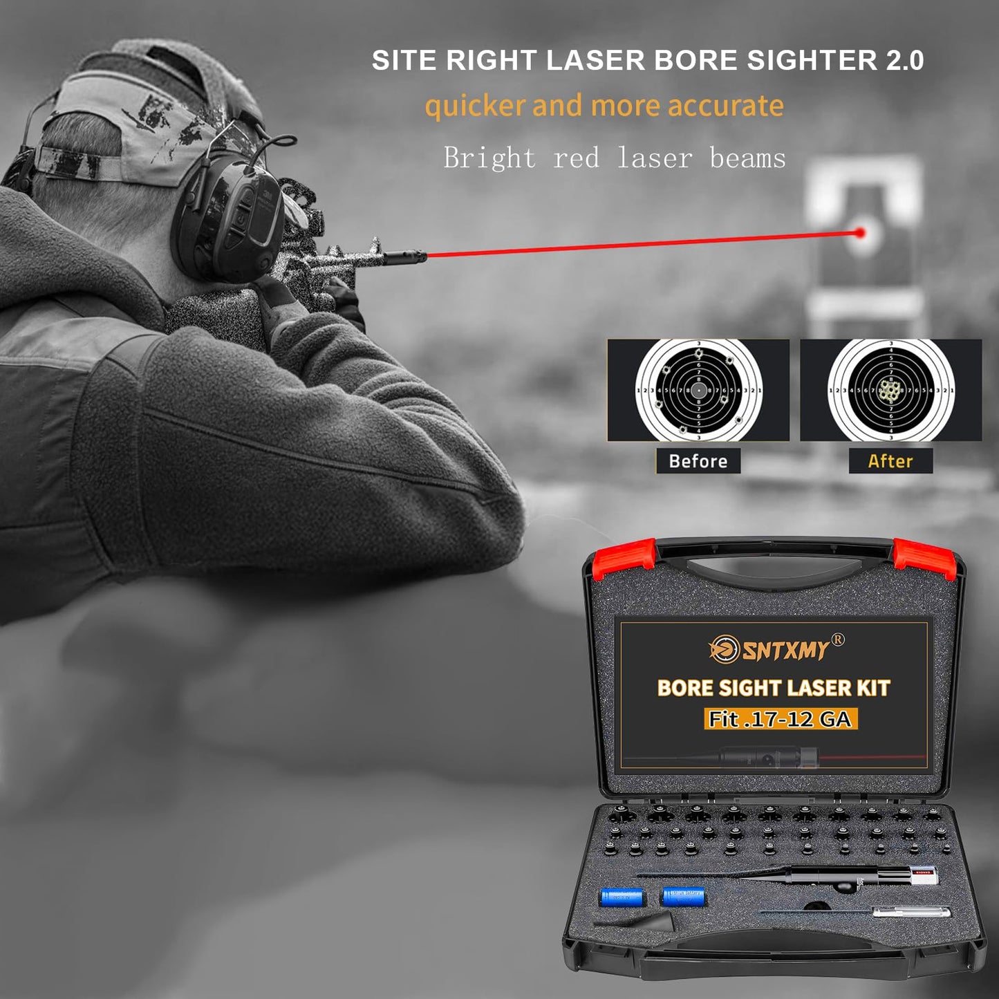 Red Bore Sight Laser Kit,Laser bore sighter with 32 Adapters for .17 HMR to 12GA Calibers.