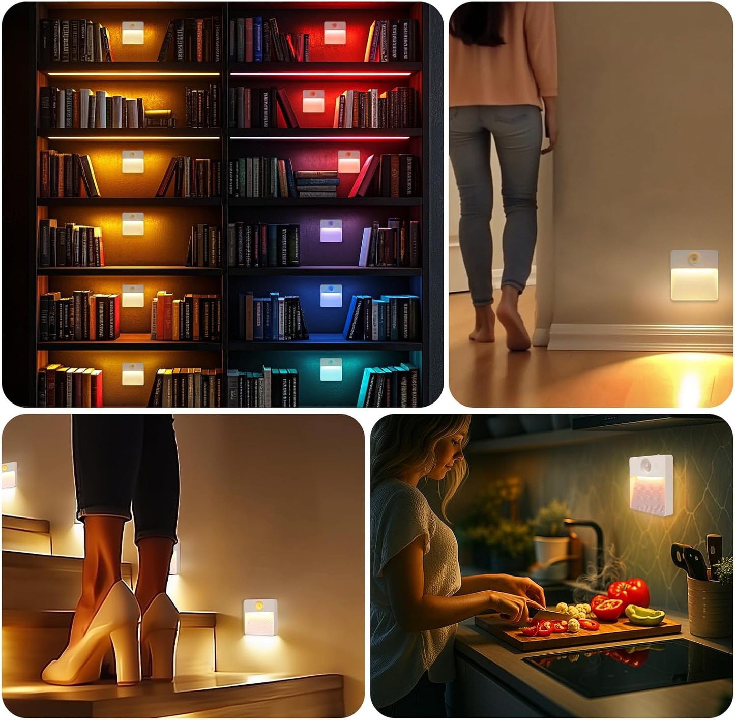 Rechargeable Motion Sensor Stair Lights - 8 Pack RGBW Battery Operated Night Lamps for Indoor Use