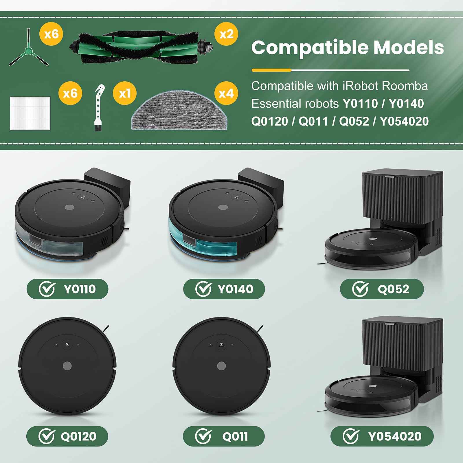 19 Pack Replacement Parts Compatible with iRobot Roomba Essential Y0110/Y0140/Q0120/Q011/Q052/Roomba 104/105 Robot Vacuum, 2 Roller Brush, 6 Filters, 6 Side Brushes, 4 Mop Pads, 1 Cleaning Brush