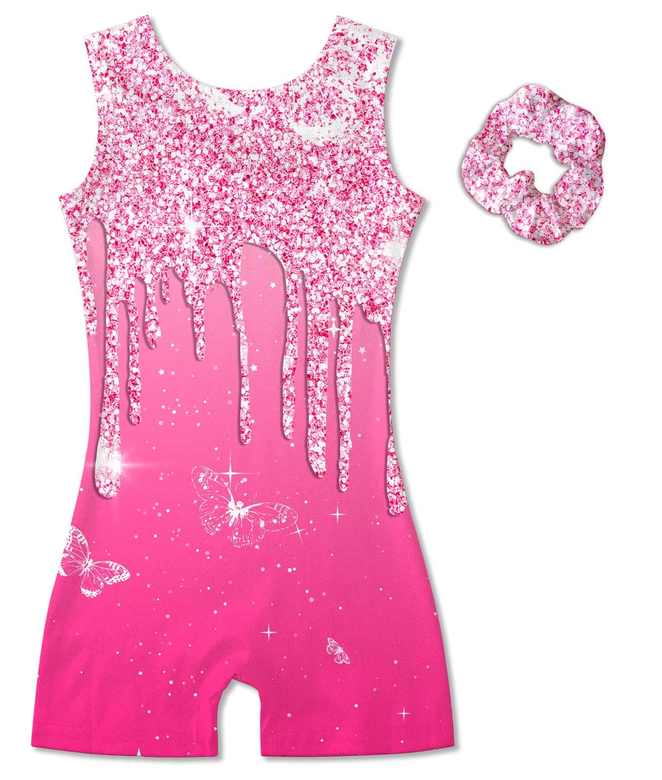 Vogseek Sparkly Gymnastics Leotards for Girls 11 12 Years Cute Hot Pink Shiny Ballet Dance Unitards Biketards with Hair Scrunchie Kids Tumbling Shorts Activewear Clothes, Sparkle Rose Red