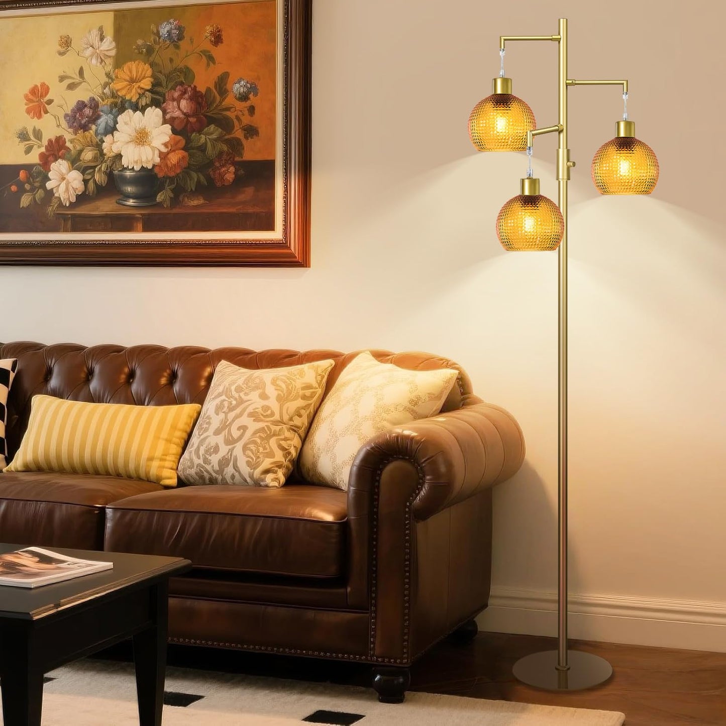 Duoled Gold Floor Lamp with Orange Glass Shade, Modern Standing Tree Lamps for Living Room, Dimmable 3 Lights Tall Lamp, 3 x 600LM LED Edison Bulbs Included