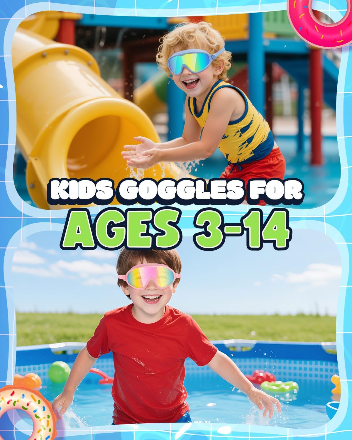 Rantizon Kids Swimming Goggles - Anti-Fog & UV Protection | No Leak Wide View, 2 Pack for Ages 3-14