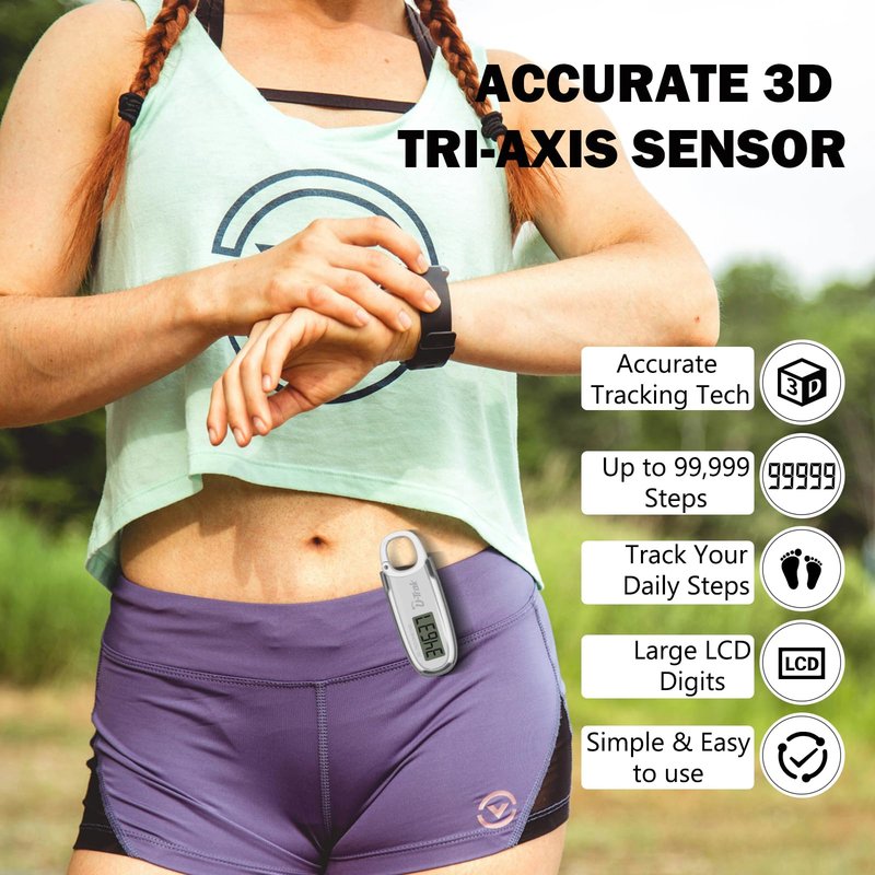3D Pedometer for Walking with Removable Clip and Carabiner Simple Step Counter for Walking Accurate Clip On Step Tracker for Men Women Kids (White)