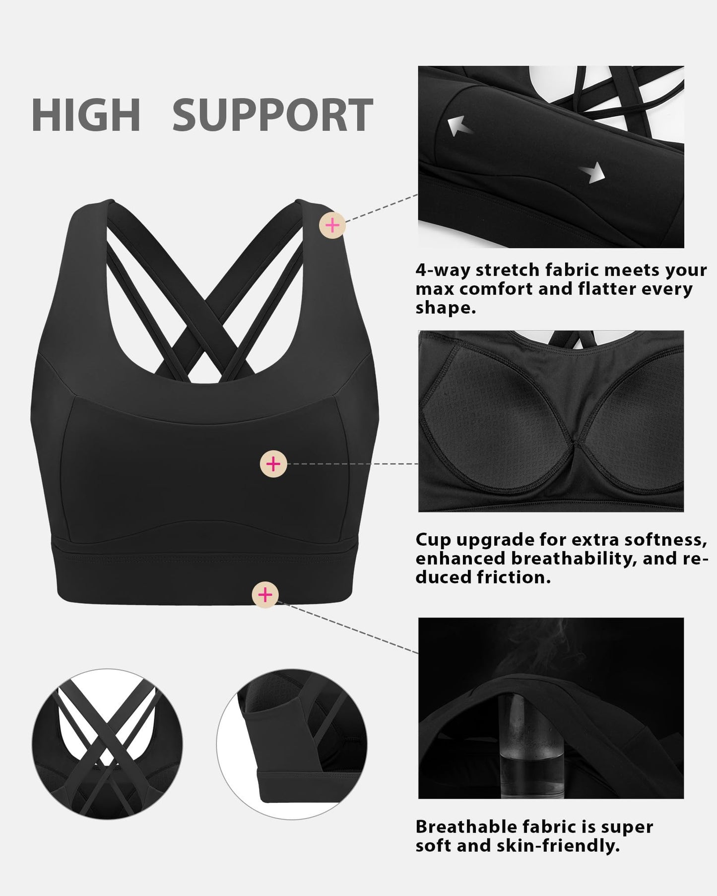 RUNNING GIRL Sports Bra for Women High Support,Criss-Cross Back Strappy Sports Bra Moulded Cup High Impact Workout Top(WX3066_Black_M)