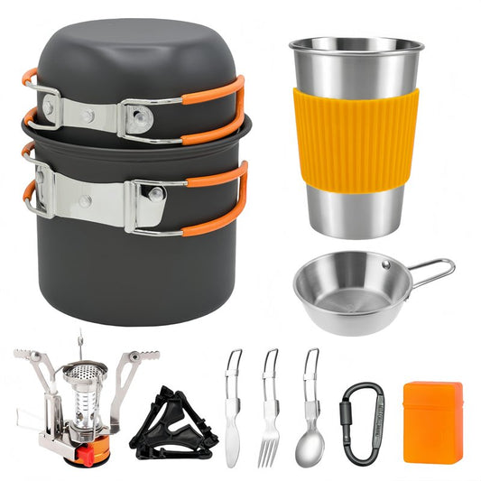 JUSFANE 10Pcs Camping Cookware Mess Kit - 1.2L & 0.6L Camping Pots with Stove, Forks Knives Spoons, Sierra Cup, Canister Stand and 16Oz Stainless Steel Cup for Backpacking, Hiking, Outdoor Cooking