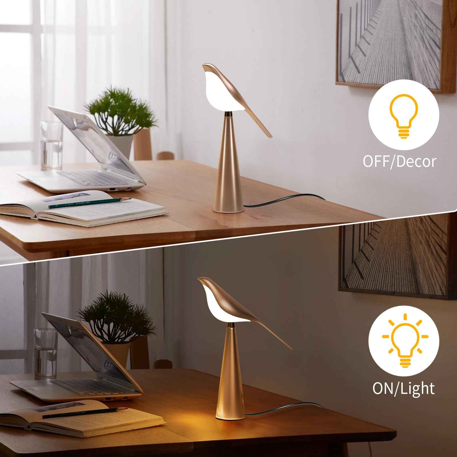 Xhope4u Small Desk Lamp, Bird Lamp, 10 Level Dimmable Brightness Bedside Night Light, Bedroom Table Lamp for Dorm, Office, Gifts, Reading, 3 Colors, Metal Finish, Gold, 360° Rotation