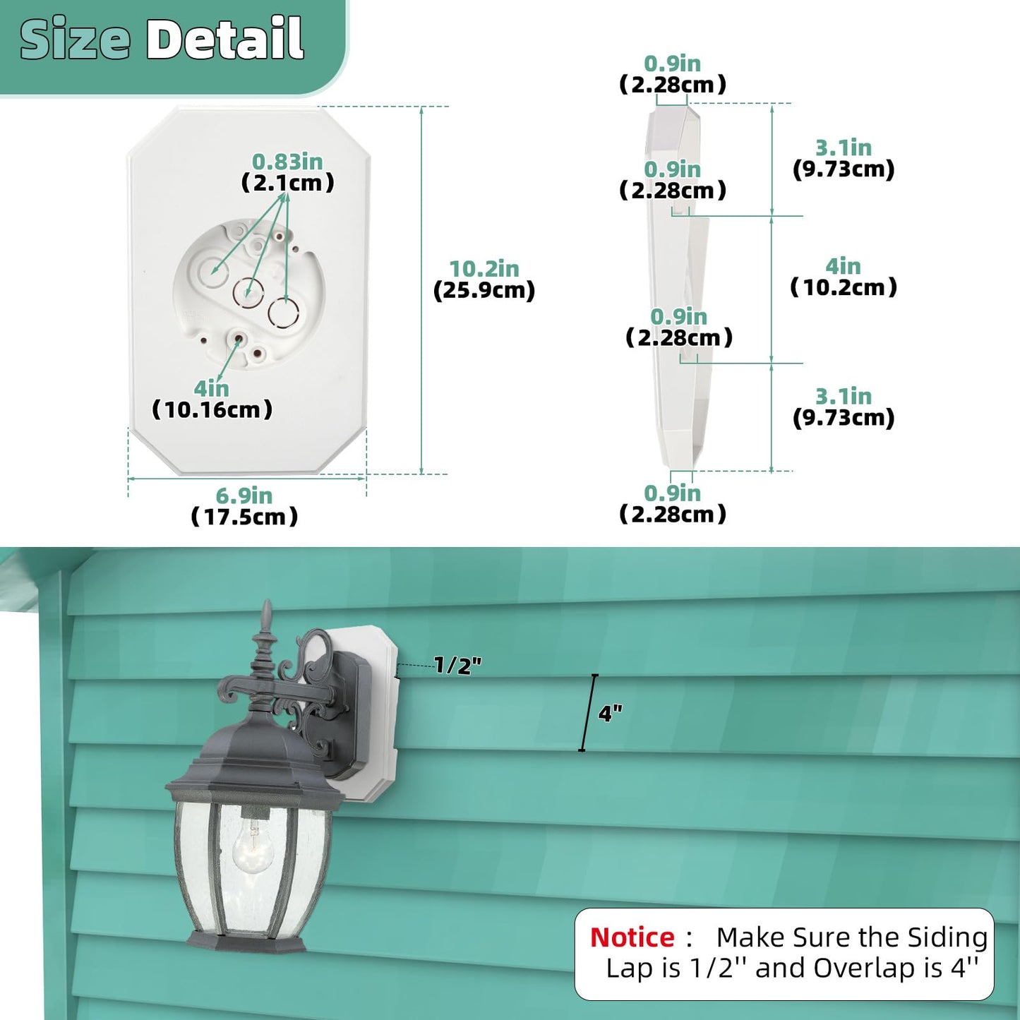 Vinyl Siding Mounting Blocks , Ease of Installation Built-in Electrical Box Outdoor Light Mounting Block, 8141DBL Siding Mounting Plate for 1/2 inch Lap Double and 4 inch Siding, White 1 Pack