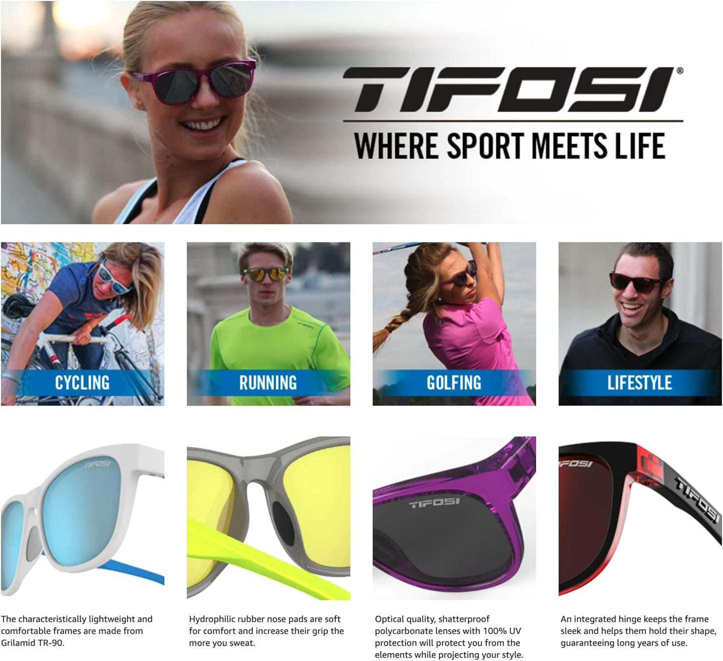 Tifosi Swank Sport Sunglasses - Tangle Free - Ideal For Cycling, Golf, Hiking, Pickleball, Running and Great Lifestyle Look