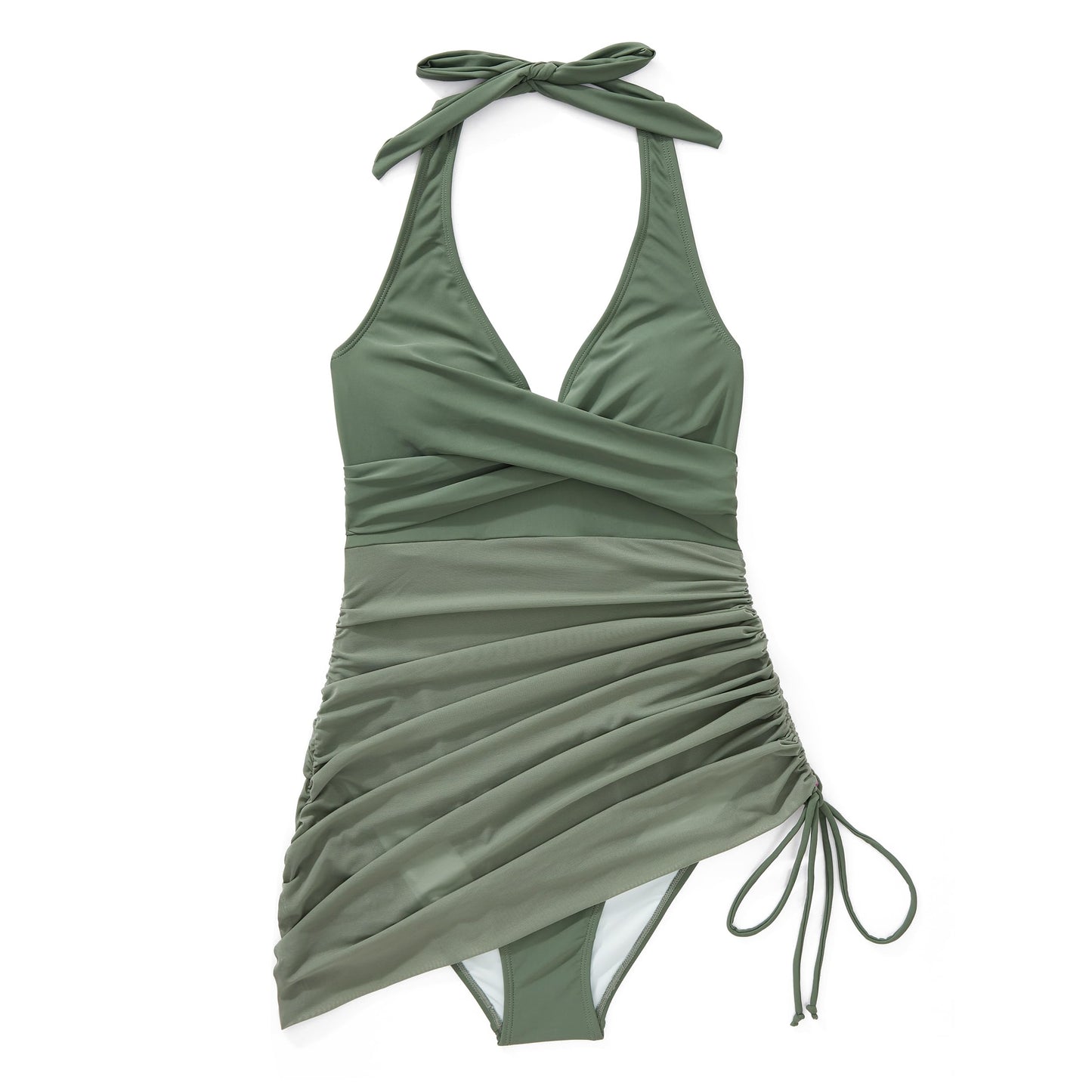 SUUKSESS Women Sexy One Piece Swimsuit Slimming Tummy Control Bathing Suit Halter Mesh Push Up Swim Dress (Army Green,Large)