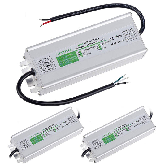 3 Pack LED Driver 120 Watts Waterproof IP67 Power Supply Transformer Adapter 100V-260V AC to 12V DC Low Voltage Output for LED Light, Computer Project, Outdoor Light and Any 12V DC led Lights