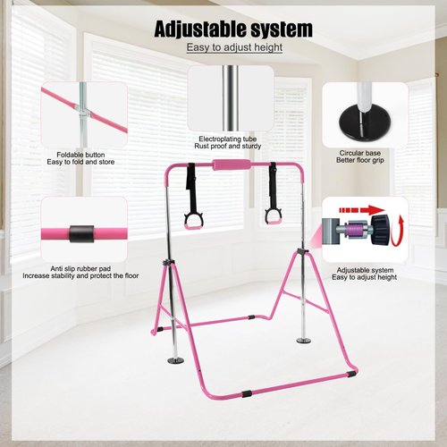 YEEGO DIRECT Gymnastics Bar with Rings,Gymnastics Bar for Kids Ages 3-10,Foldable Gymnastics Bar,Kids Gymnastics Bar Expandable for Home Training Kids Gifts for Grils Boys (Pink)
