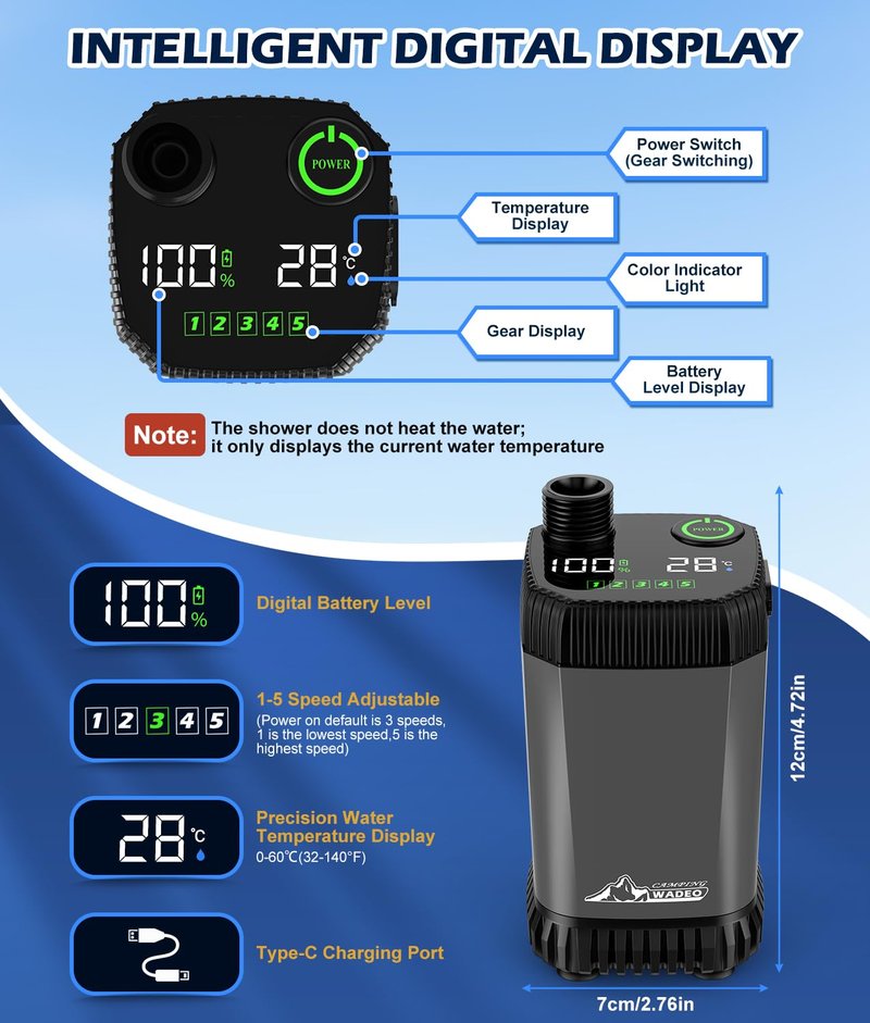 2026 Upgraded Portable Shower for Camping, Rechargeable Camping Shower with LED Display, 5 Gal Collapsible Bucket, 5 Adjustable Speeds, IPX8 Waterproof Portable Shower Kit for Hiking, Car, Pet, Travel