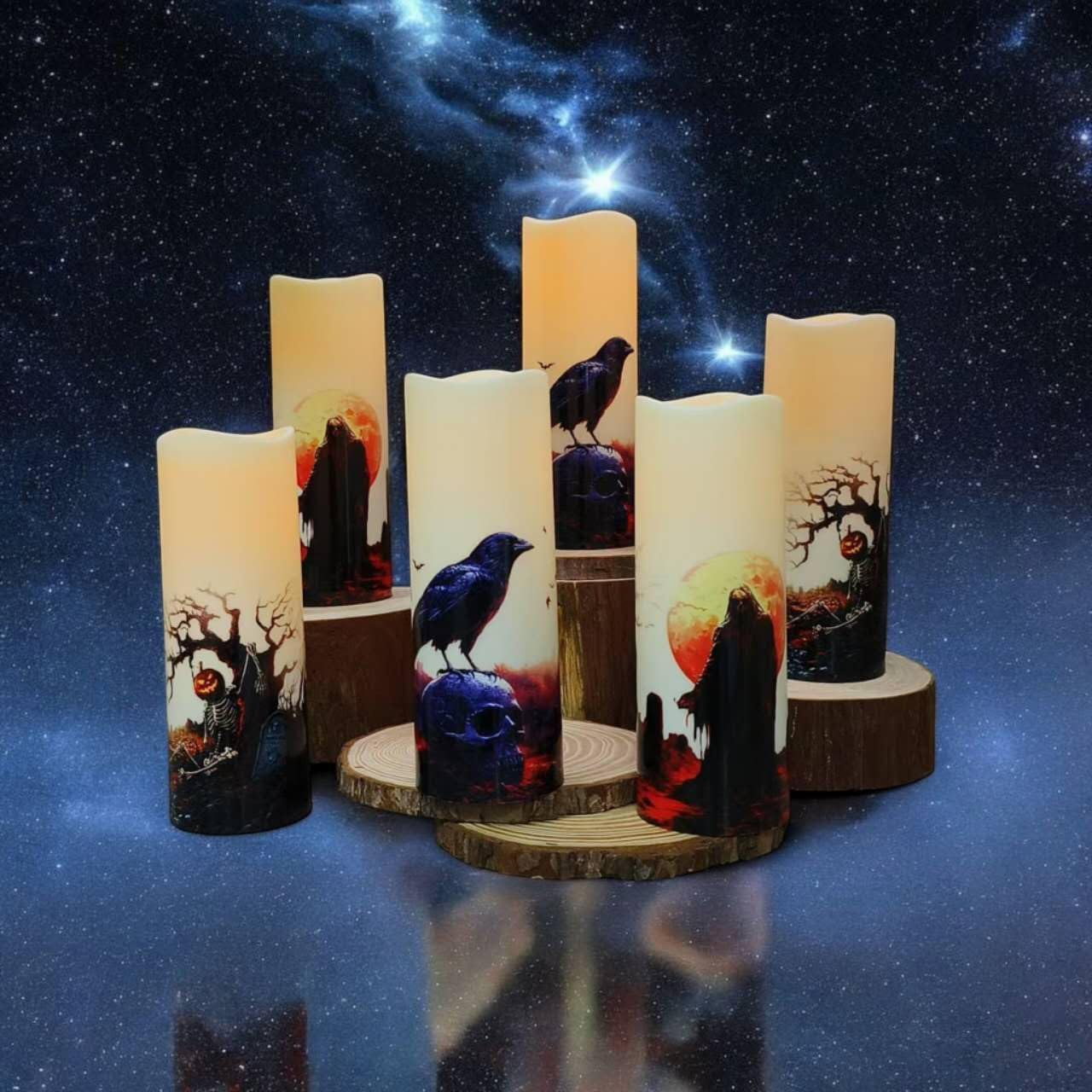 Halloween LED Flameless Candles, Gothic Design, Set of 6, 6x3 / 2.15 inch, Remote Control with Timer, Battery Operated (6, D 2.15 ")