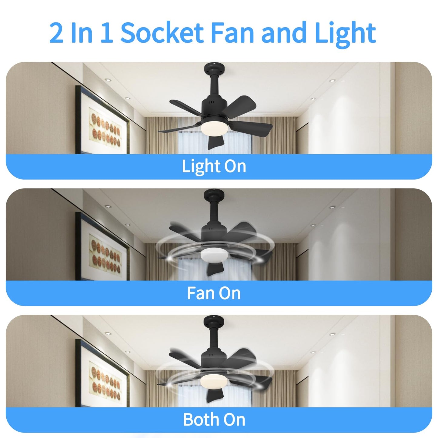 LANMEL Socket Fan Light with Remote & APP, 17.7'' Socket Breeze Ceiling Fan with Socket Extender, 3 Colors LED Light Bulb, Screw in Small Ceiling Fan for Bedroom Living Room Kitchen Garage