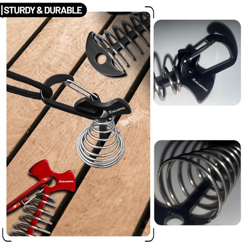 Deck Anchors with Carabiners XINCAMPING 12pcs Aluminum Deck Tie Down Anchor, Fishbone Stake Tent Stakes,Windproof Rope Tighteners & Adjusters for Tents, Canopies, Camping Furniture Black