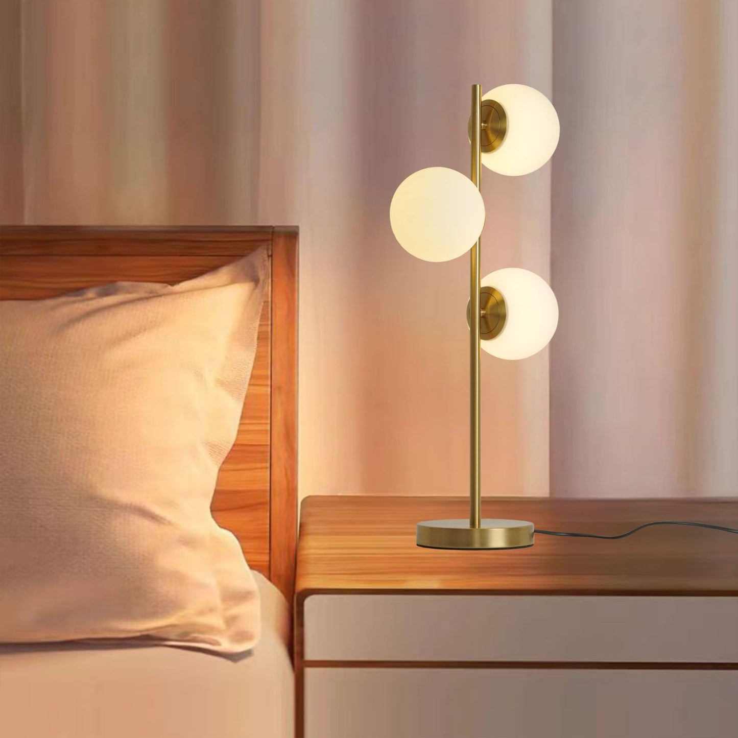 Kardleen Mid Century Modern Table Lamp White Glass Shade Nightstand Light for Bedroom Offices 3 Globe Table lamp Gold LED lamp
