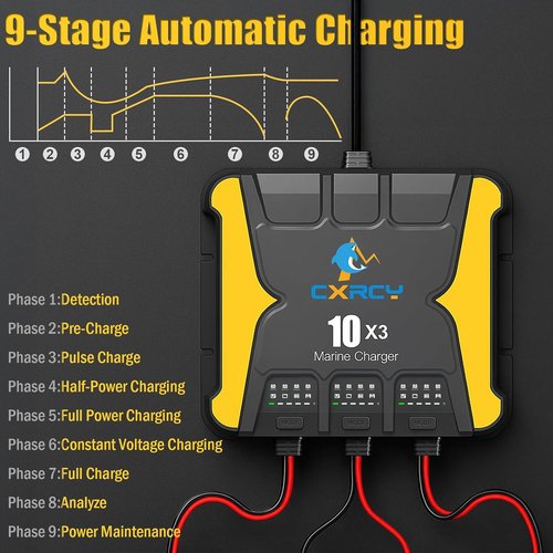 3 Bank Battery Charger 12V | 30A Waterproof Marine Charger & Maintainer for SLA/AGM, Lithium, Calcium & Deep-Cycle Batteries