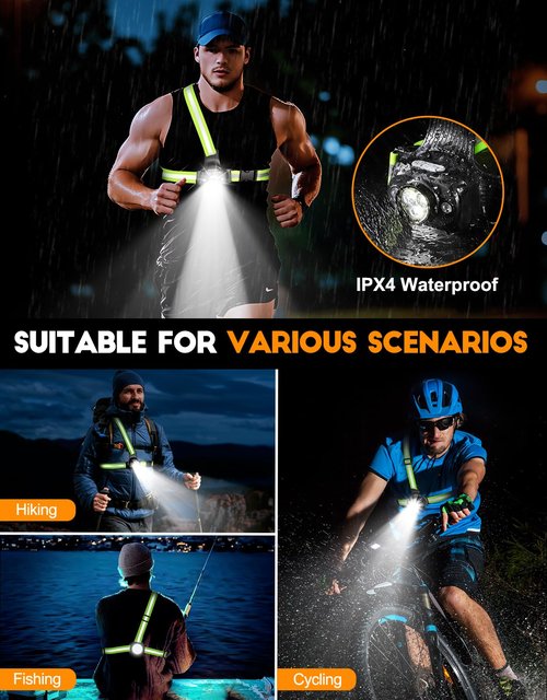 ISEYOU Running Lights for Runners, 500 Lumens Run Light with 360° Reflective Straps, IPX4 Waterproof & USB Rechargeable, 45° Adjustable Chest Running Light Vest for Night Walking, 4-16h Use Time
