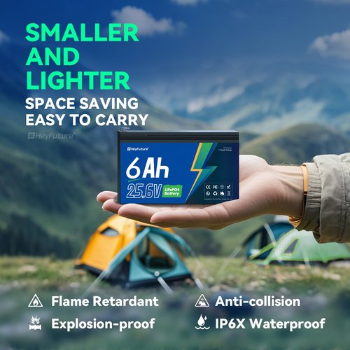 HeyFuture 24V 6Ah LiFePO4 Battery Pack, Built-in 10A BMS, Rechargeable Deep Cycle Lithium Battery, 24V 6000mAh for Backup Systems, Solar Storage, UPS, Emergency Equipment