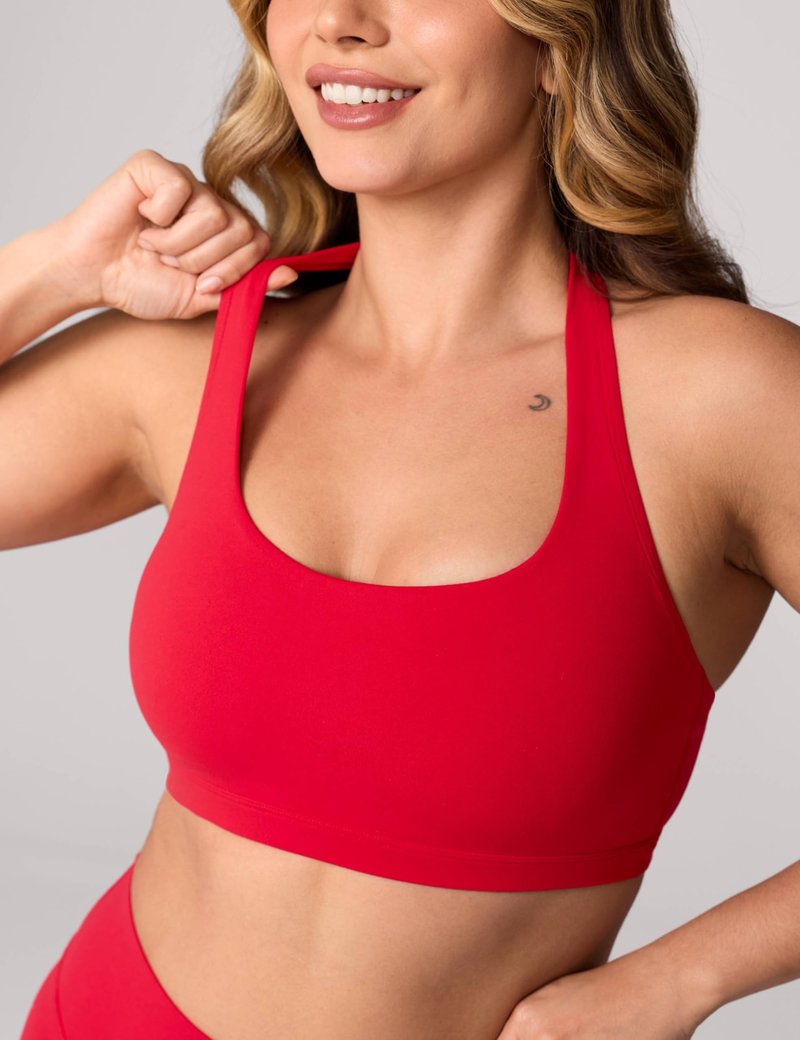 UNISSU Hugcurve Halter Detachable Racerback Sports Bras for Women Square Neck Padded Open Back Yoga Workout Top Aurora Red Medium