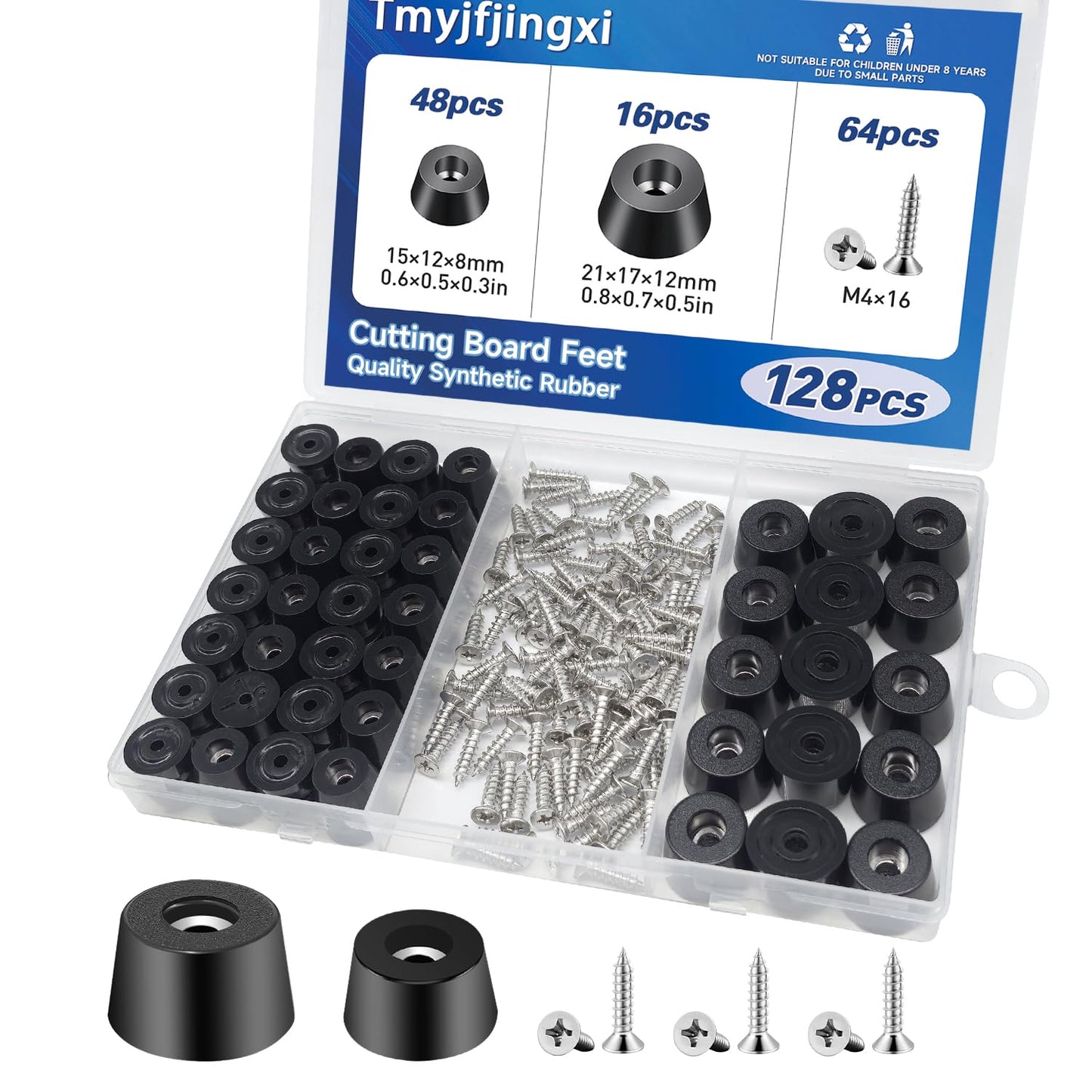 Tmyjfjingxi 128PCS Cutting Board Rubber Feet Non Slip with 304 Stainless Screws Small and Large Size Rubber Bumpers for Cutting Board, Furniture, Electronics