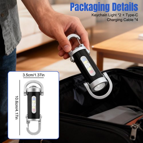2pcs Portable Rechargeable Bright Keychain Flashlight, Type-C USB Mini LED Light Keychains Flashlight, Phone Charger Keychain 7 Lighting Modes for Camping, Searching, Walking and Hiking
