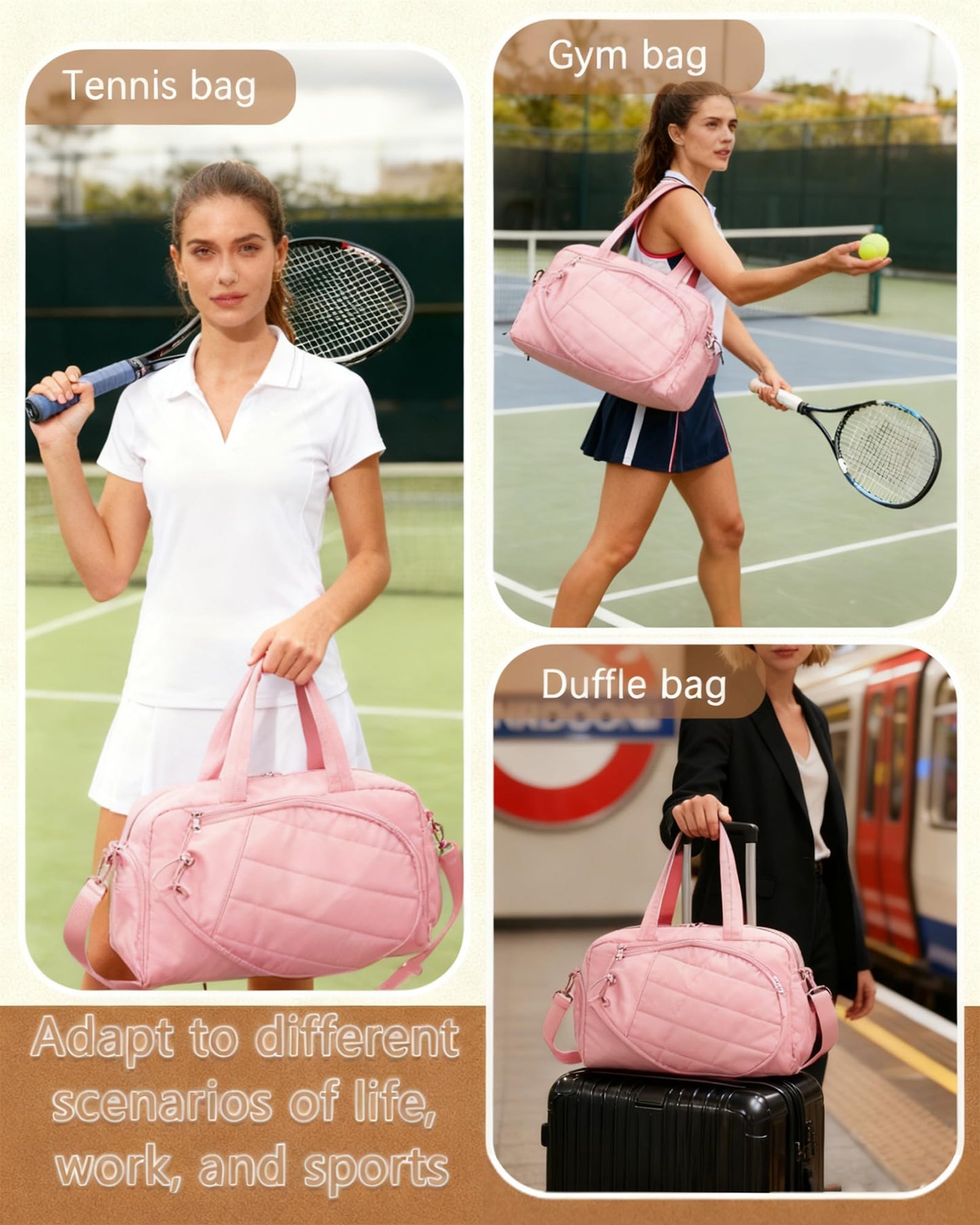 Roomy Tennis Gym Bag for Women - Tennis Tote Holds 2 Rackets, Shoe Compartment & Wet Pocket, Lightweight Sports Duffle, Fits 15.6" Laptop, Overnight Weekend Bag with Shoulder & Hand Straps (Pink)